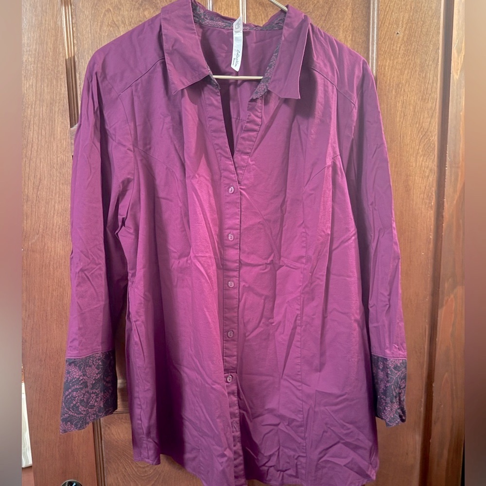 NY Collection Purple Button Down Plus Size Shirt with Black Lace Cuffs